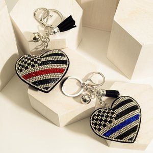Rhinestone Plush First Responders Heart Keychain Featuring Tassel